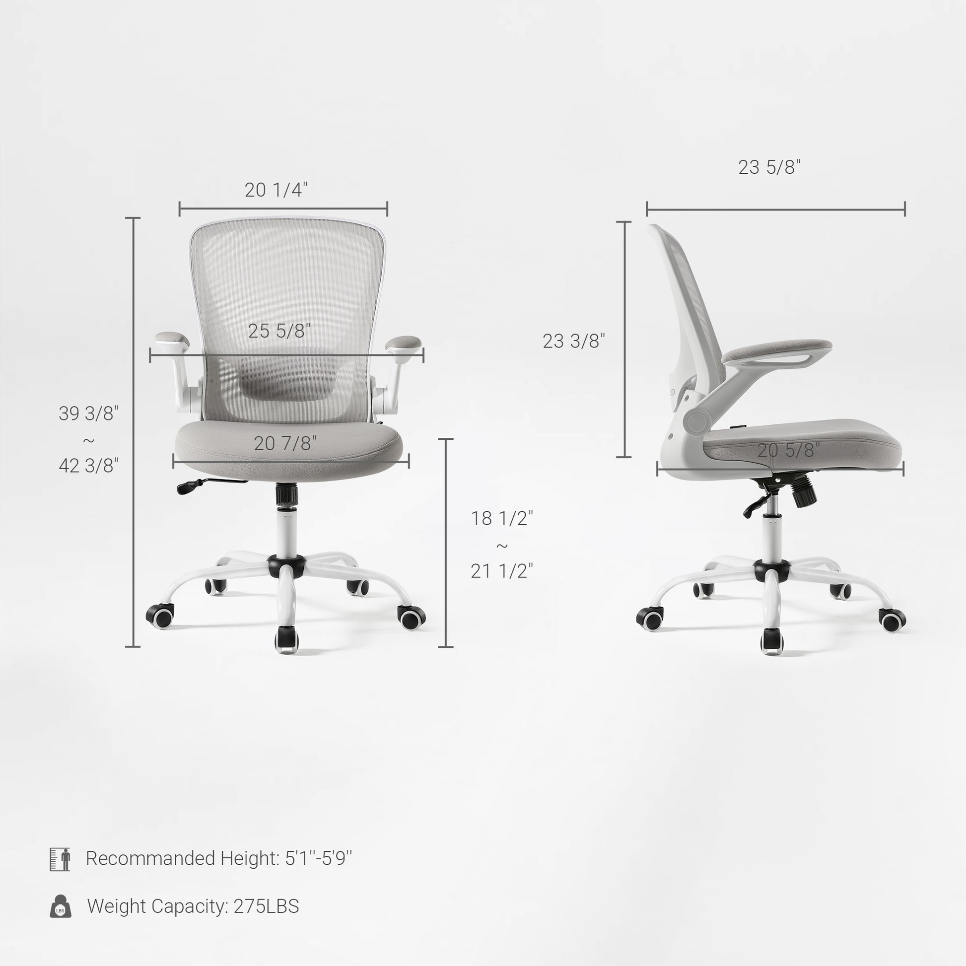 Onyx Ergonomic Office Chair Dimensions, White Frame, Gray Mesh, Adjustable Armrests, Ergonomic. Weight Capacity 275 Lbs.
