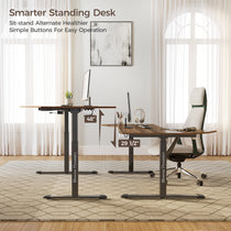 Eureka Ergonomic Blossom Dynamics dark wood grain standing desk shown at max 48" and min 29.5" height for adjustable comfort in home office.