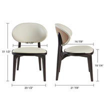 Cedar Dining Side Chair in Off-White Leather With Woven Back and Dark Wood Frame; Dimensions Included.