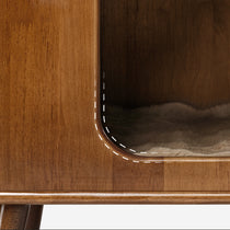 Wooden Cat Bed Side Table With Cat Hideaway, Showing Wood Grain and Soft Cushion Interior.