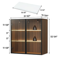 32 Wall Mounted Curio Cabinet With Glass Doors, Dark Wood Finish, Led Lighting, 30 Lbs Capacity.