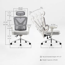 Eureka Ergonomic Exis ergonomic chair dimensions: height, width, and 90-135 degree recline. Recomm. height 4'9"-6'1", weight 275 lbs.