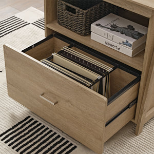 Eureka Ergonomic Ark El 29-Inch Oak File Storage Cabinet With Open Drawer, Ideal for Home Office Organization.