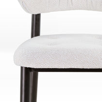 Nibbles White Dining Chair Detail With Geometric Fabric and Dark Legs.