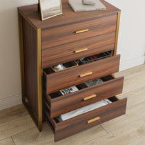 Modern 5-Drawer Walnut Dresser With Gold Frame. Bedroom Storage With Open Drawers, Showcasing Interior Items.