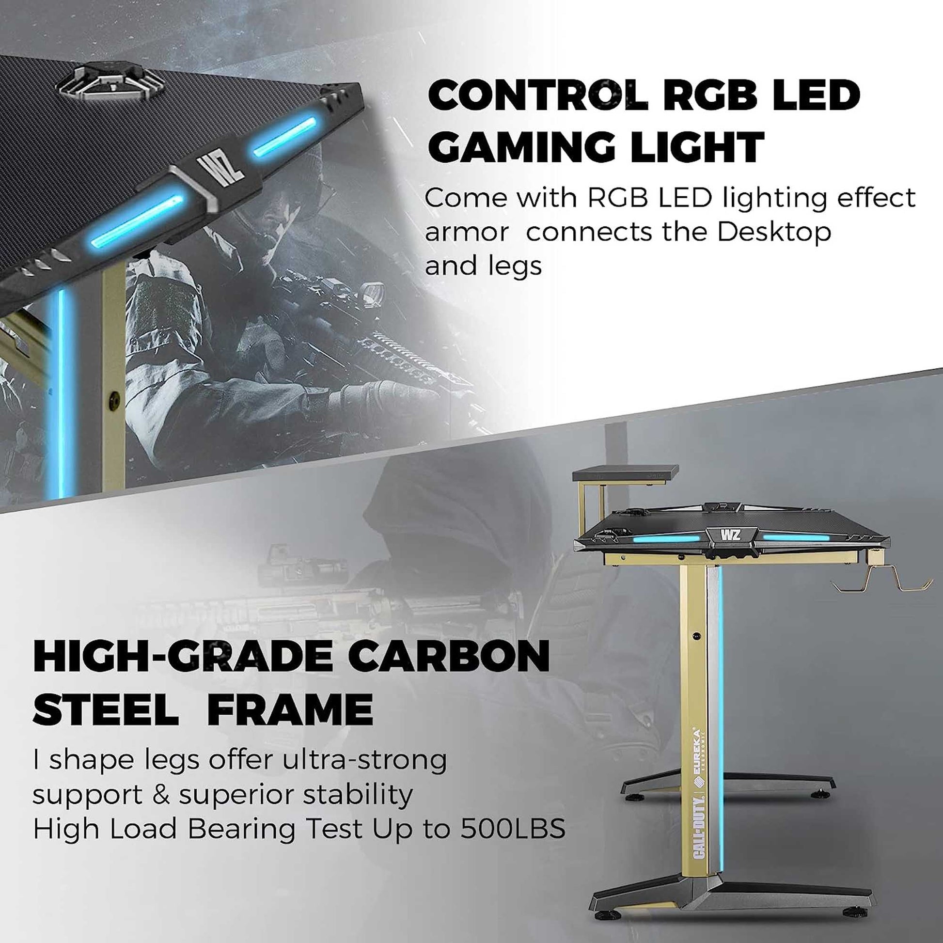Sentry RGB gaming desk with monitor riser on white background