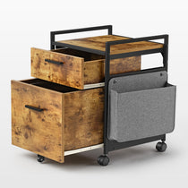 Rustic Brown 23 Rolling File Cabinet With Fabric Storage Bag, Metal Frame, and Lockable Casters.