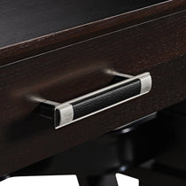 Ark Sws Pro Executive Desk Detail: Silver Handle With Leather Grip and Dark Wood Grain Finish.