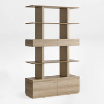 Eureka Ergonomic Ark 78 inch oak bookshelf with drawers and display shelves, slight three-quarter view