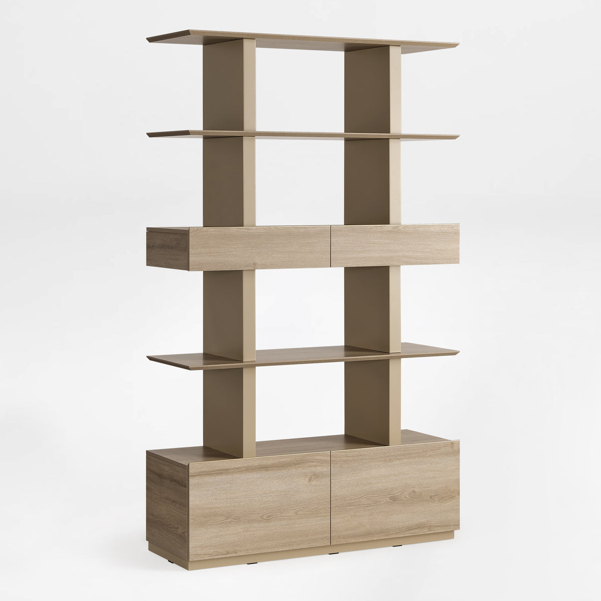 Eureka Ergonomic Ark 78 inch oak bookshelf with drawers and display shelves, slight three-quarter view