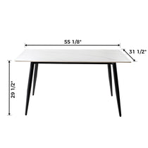 Liam 55.91 Sintered Stone Dining Table, White Top and Black Legs, Dimensions Shown.