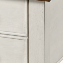 Farmhouse Office Desk Detail: White Drawer Fronts With Vintage Style, and Wood Tabletop.