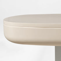 Light Beige Oval Executive Standing Desk Detail. Modern Ergonomic Design With Smooth Finish.