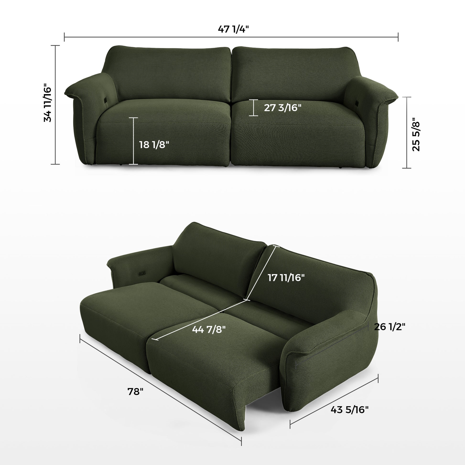 Vero Power Sleeper Sofa in Olive Green, Dimension Details, Breathable Mesh Fabric, Modern Design.