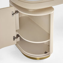 Eureka Ergonomic Opal Oval Executive Fixed Height Desk Cabinet Detail in Light Beige With Brass Base.