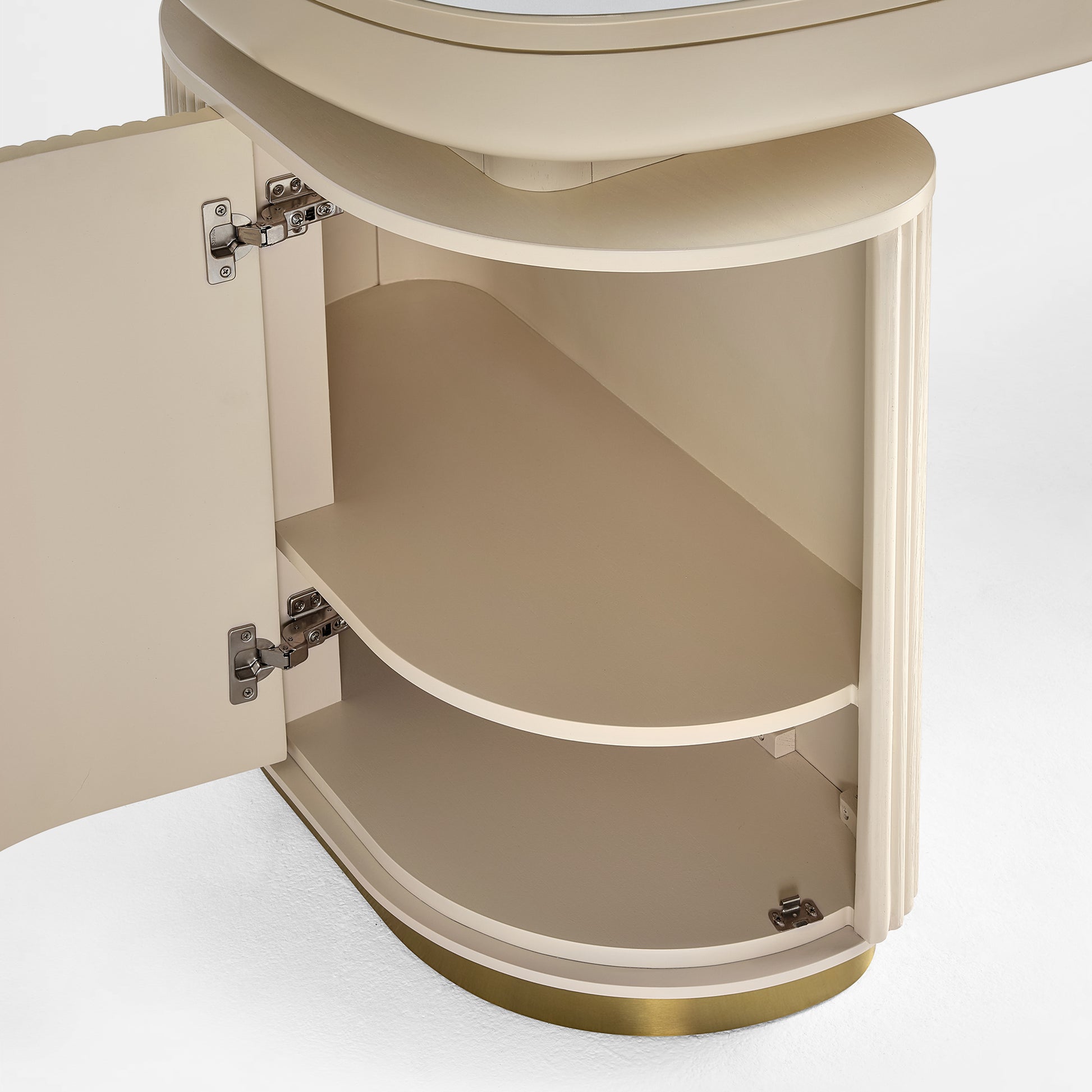 Eureka Ergonomic Opal Oval Executive Fixed Height Desk Cabinet Detail in Light Beige With Brass Base.