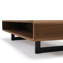 Eureka Ergonomic 47 Walnut Coffee Table With Rounded Edges and Black Legs.