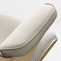 Eureka Ergonomic Mathias light beige Napa leather executive chair armrest detail with wood veneer and stitching.