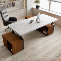 Eureka Ergonomic Zen Pro Executive Standing Desk With White Sintered Stone Top and Wooden Cabinets in Modern Office Design.
