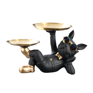 HD-13 Bulldog Storage Ornament With Gold Trays, Black Resin Dog With Sunglasses, Decorative Display.