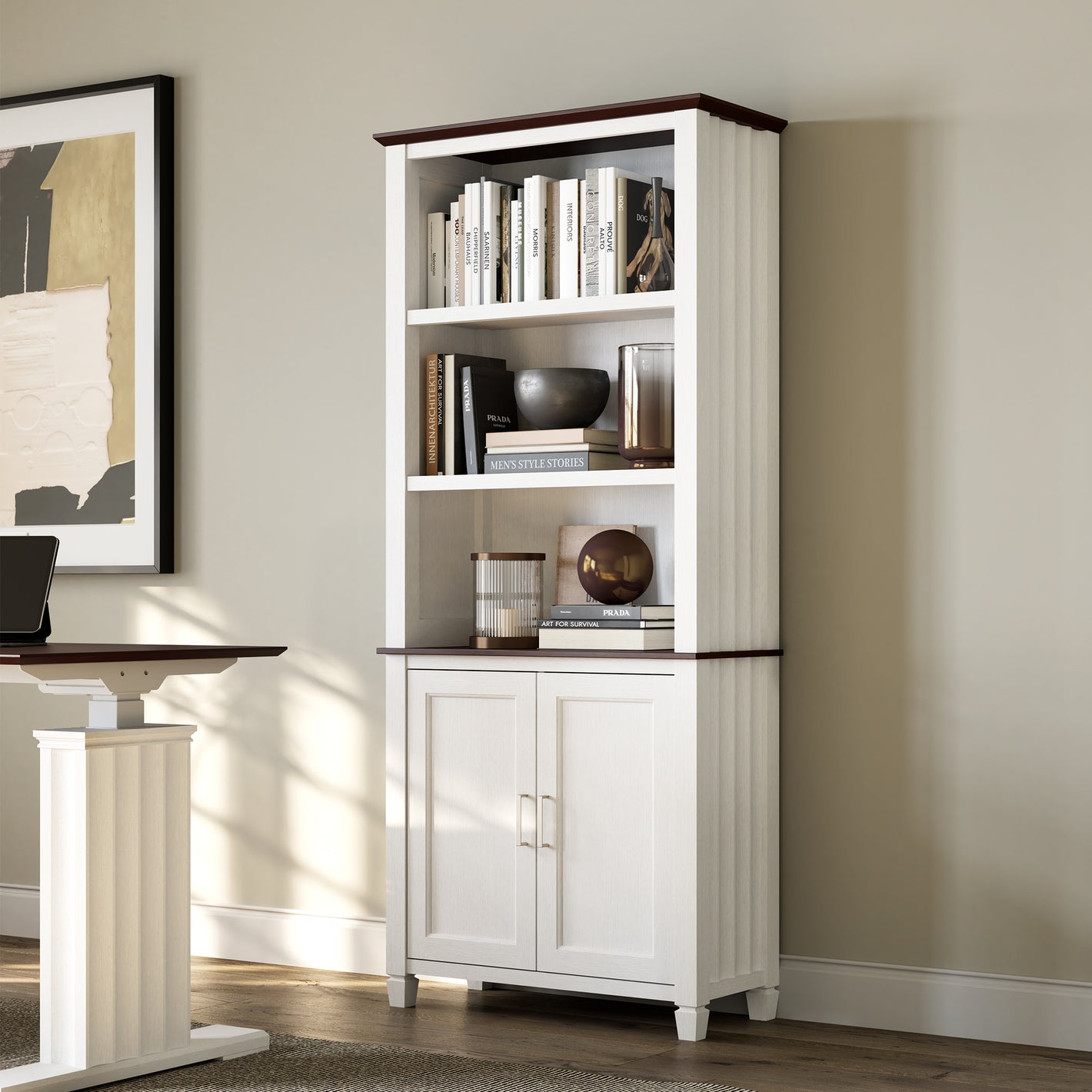 Ark ES, 71'' Display Bookshelf with Storage Cabinet, White