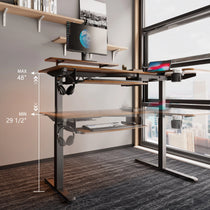 L-Shaped Ergonomic Standing Desk With Maple Top, Height Adjustable Up to 48 Inches, Ideal for Ergonomic Workspace.