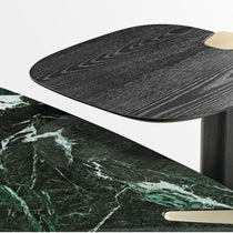 Modern Luxury Coffee Table Set With Green Marble and Black Wood Top, Accent Detail.