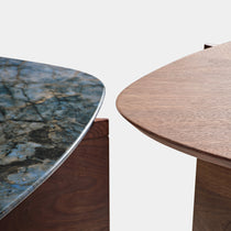 Close-Up of CT04 Coffee Table With Blue Jade Marble and Walnut Wood, Modern Living Room Furniture.