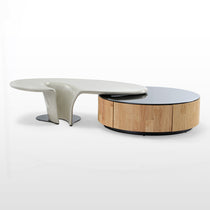 Modern Coffee Table Set With Sculptural White Tabletop and Wooden Round Side Table. Contemporary Living Room Furniture.