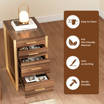 Walnut File Storage Cabinet With Gold Metal Frame, Four Drawers for Office, Easy Clean, Kid-Friendly, Sturdy.