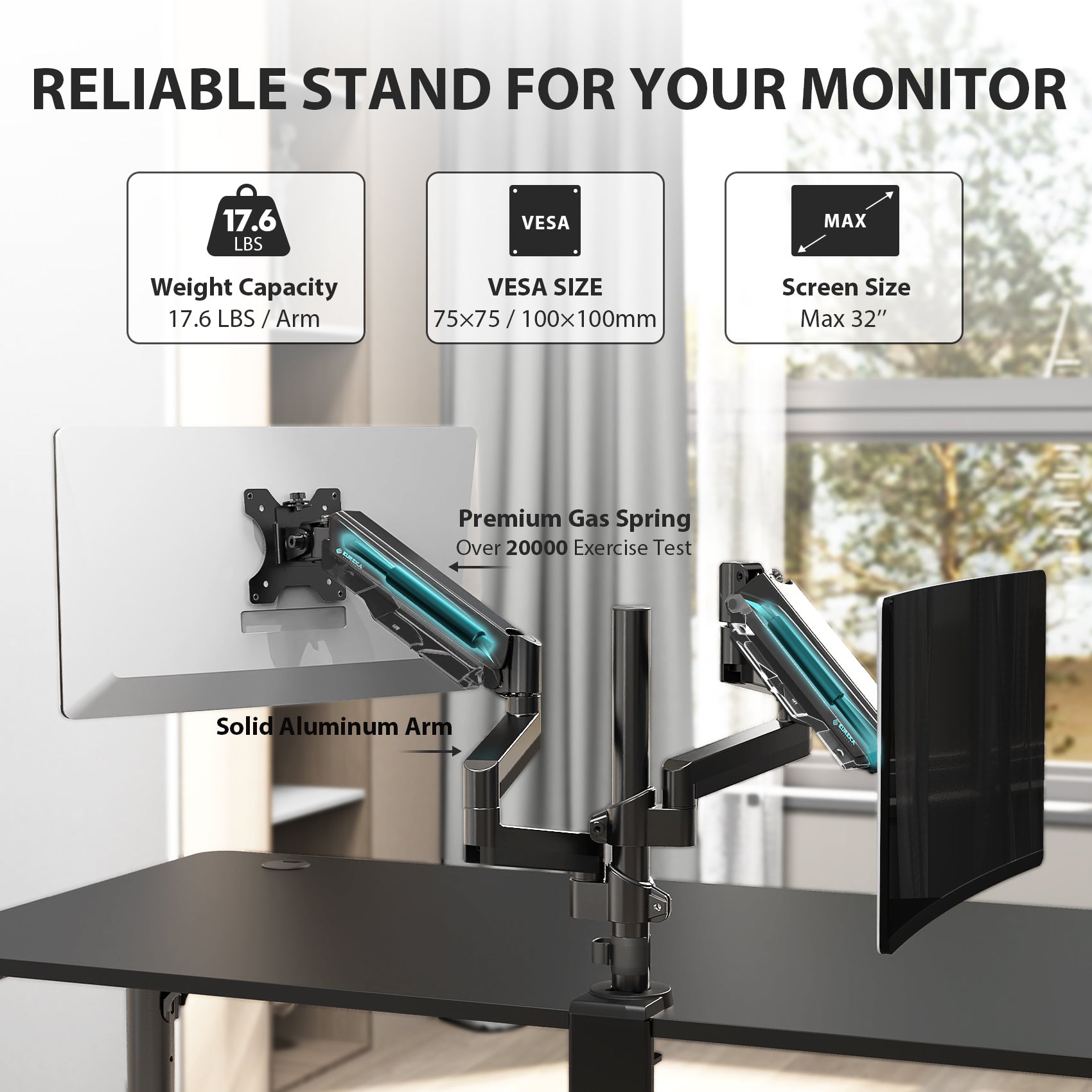 Dual Monitor Arm Fully Adjustable with 3-Section Extended Design for Office