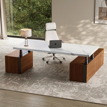 Eureka Ergonomic Zen Pro Executive Standing Desk, White Marble Top With Wood Cabinets, Modern Office.