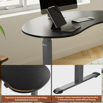 Cashew Shape Standing Desk By Eureka Ergonomic, Dark Woodgrain Finish, Ergonomic Design With T-Shaped Metal Feet.