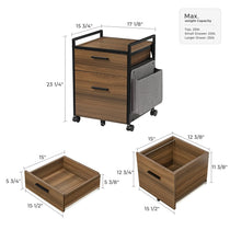 23 Rolling File Cabinet With Drawer, Rustic Brown Finish, Dimensions and Weight Capacity Labeled.