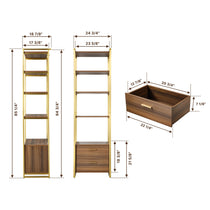 Sonoma 85.2 Storage Shelf Dimensions, With Brown Wood Shelves, Gold Metal Frame, and Drawers. Measurements Included.