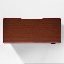 Eureka Ergonomic Overhead view of Ark Lite standing desk in dark woodgrain finish with beveled edge and cable management cutout.