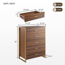 42-Inch Walnut 5-Drawer Dresser With Gold Frame - Modern Bedroom Storage Cabinet With Dimensions Shown.