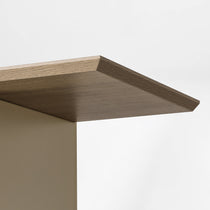 Eureka Ergonomic Ark 78 inch oak bookshelf with a close-up of the beveled display shelf edge