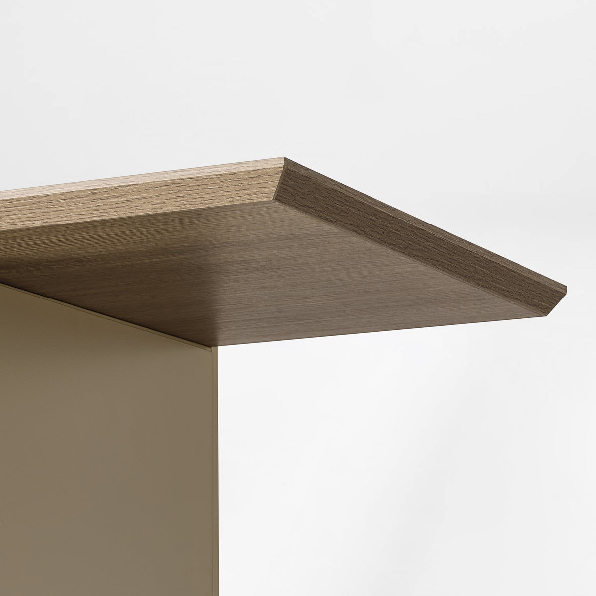 Eureka Ergonomic Ark 78 inch oak bookshelf with a close-up of the beveled display shelf edge