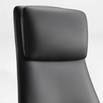 Eureka Ergonomic Close-up of black Royal Renee executive office chair headrest and upper back with microfiber leather and stitching.
