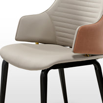 Juliet Dining Armchair Detail: Cream Seat, Brown & Orange Armrest, Black Legs, Modern Design Dining Chair.