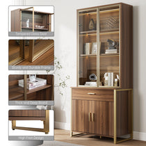 Eureka Ergonomic 77 Walnut Display Bookshelf With Tempered Glass Door and Storage Cabinets.