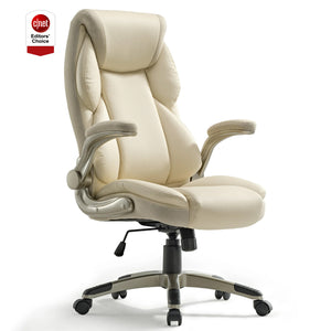 Eureka leather comfy office chair with soft cushion and lumbar support, Off-White,Regular