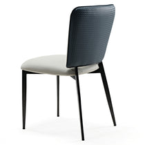 Aspen Woven Leather Dining Chair in Indigo Blue and Off-White. Modern Dining Room Chair With Black Metal Frame.