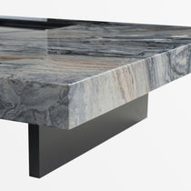 Close-Up of 39 Square Marble Coffee Table Showing Details of Marble and Black Base.