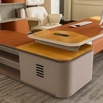 Eureka Ergonomic Zen Altair desk: warm wood, burnt orange faux leather, taupe base, cable management.
