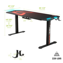 Eureka Ergonomic Gaming Standing Desk, Black With Red Accents, Featuring Rgb Lighting and Adjustable Height, 65 Desktop.