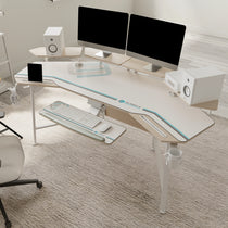 Eureka Ergonomic Gaming Desk With Dual Monitors, Integrated Keyboard, and Workspace Solution.