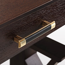 Ark Sws Pro Executive Desk Detail: Gold Handle With Leather Grip and Dark Wood Grain Finish.