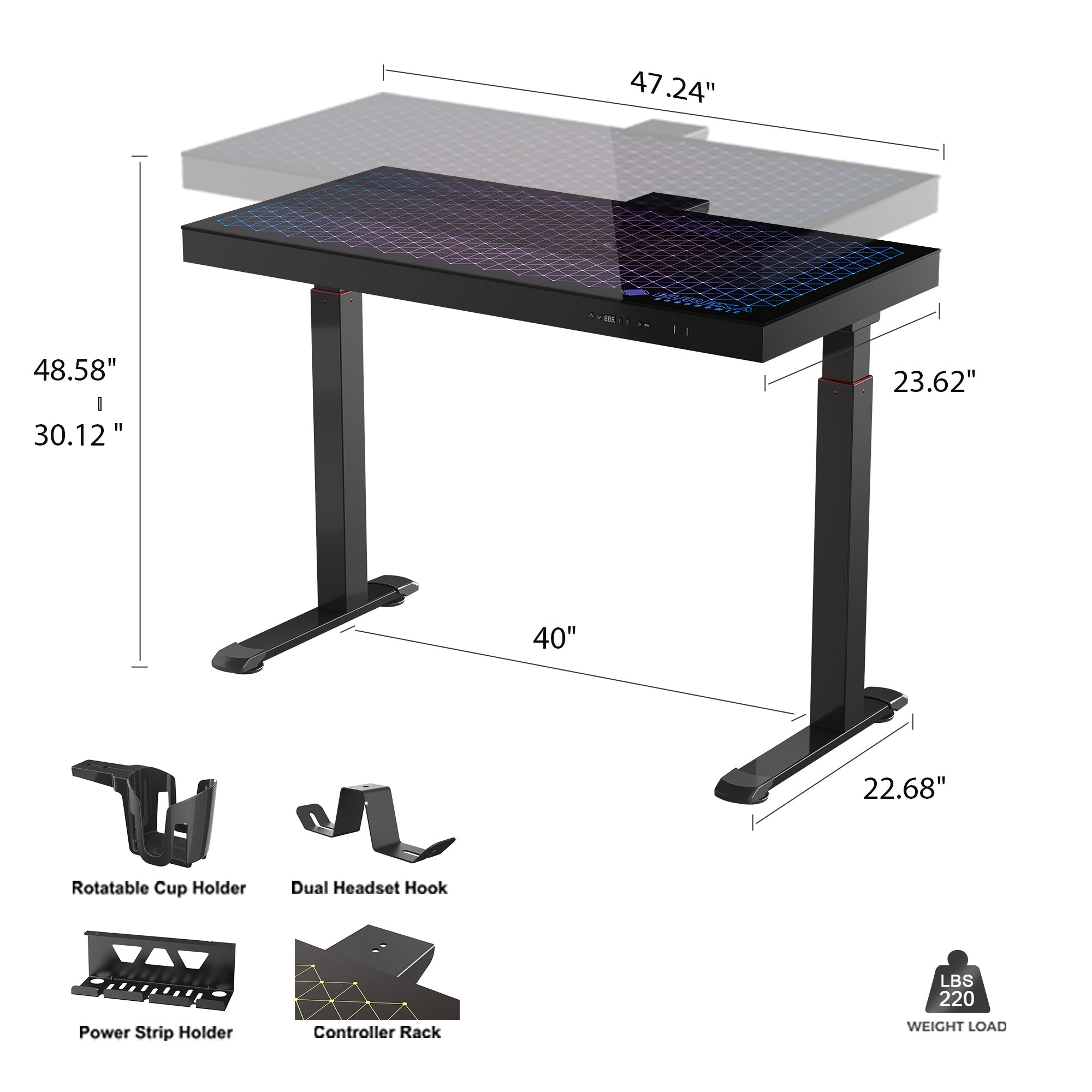 GTG-G47, 47x23 Glass Desktop Gaming Standing Desk